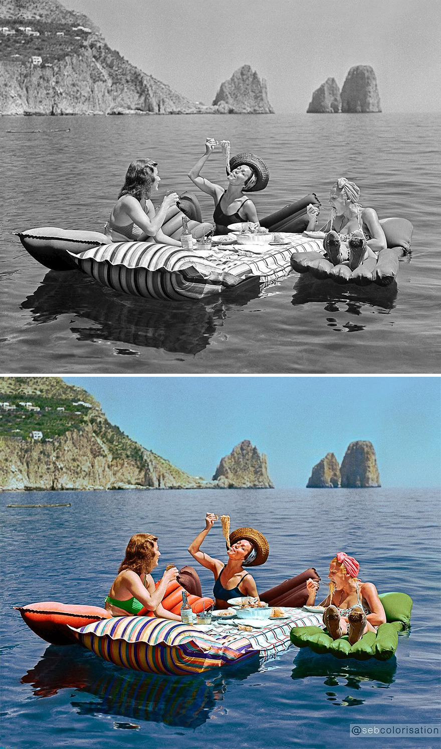 Three Women Eating Spaghetti On Inflatable Mattresses At Capri, 1939. Photographed By Hamilton Wright