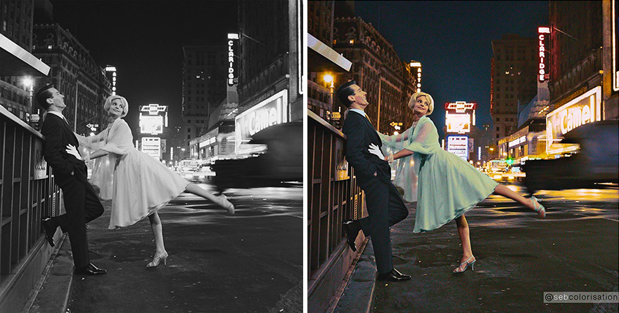 A Couple In Formal Evening Wear Pose For A Fashion Shoot At Night In New York’s Times Square, 1959