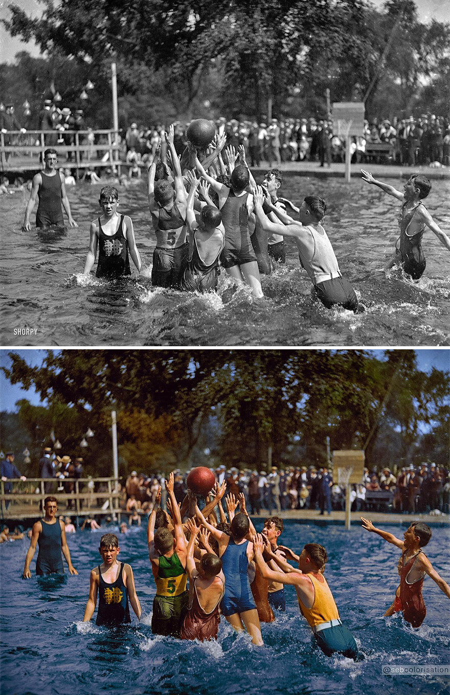 Boys Playing Water Basketball In Frog Pond. Boston Common Circa 1920. Photographer Unknown