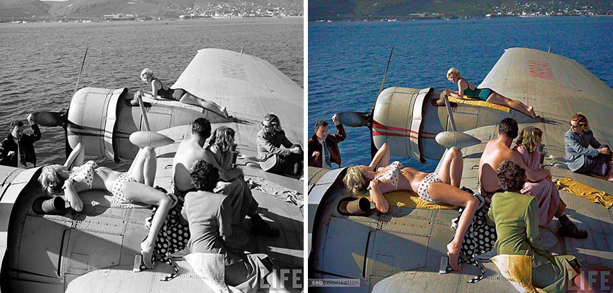 Passengers Having A Sunbath On The Wings Of The Plane. All Aboard The Incredible Flying Yacht, Circa 1950