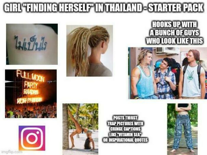 Hilarious starter pack about a girl finding herself in Thailand, featuring tattoos, parties, and Instagram photos.