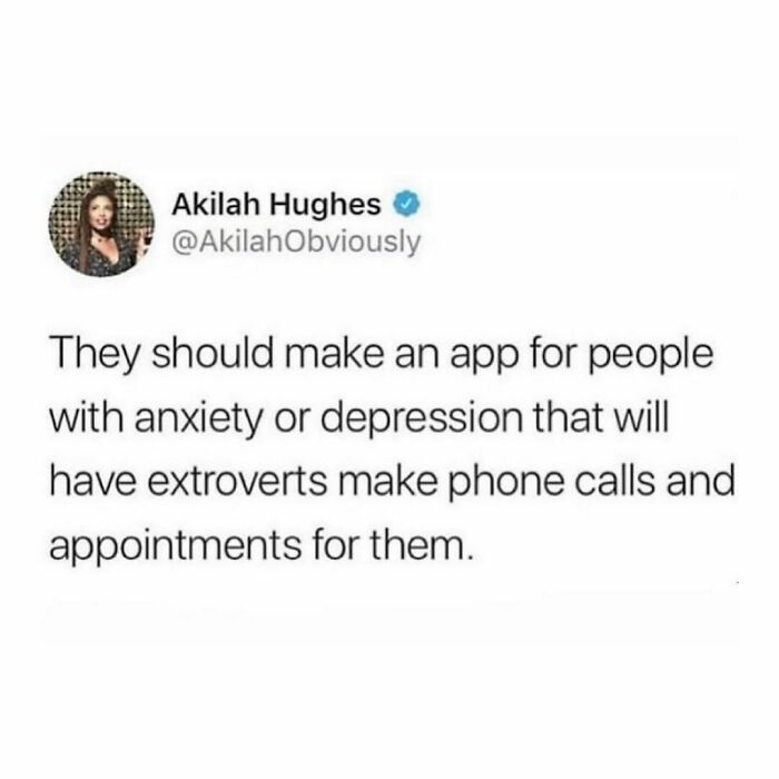 Tweet about millennial life humor, suggesting an app for introverts with extroverts handling phone calls.