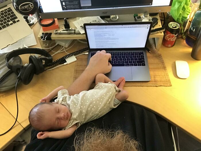 Dad Tip: If You Need To Work, The Baby Has No Problem Passing Out On Your Arms While Typing