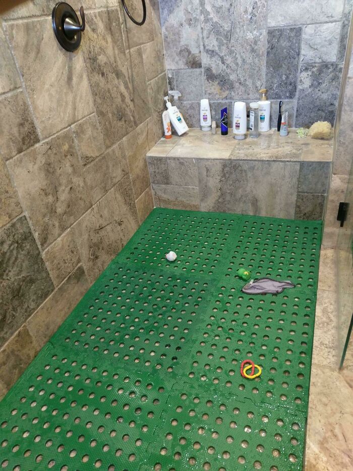 Life Hack: This "Camp Flooring" Makes The Perfect Shower Flooring. My Daughter Can Crawl Around Safely, Has Fun Getting Under The Water, It's Comfy To Sit Down On To Wash Her. It's Water Resistant And Anti Microbial