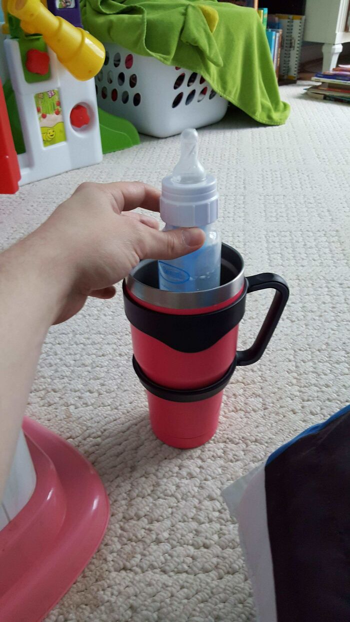 [tips And Tricks] Pro Dad Tip: Warm A Bottle By Filling A Yeti, Or Similar Insulated, Cup With Hot Water. Drop The Bottle In The Cup And Wait. You're Bottle Will Be Hot And Ready To Go When You Need It