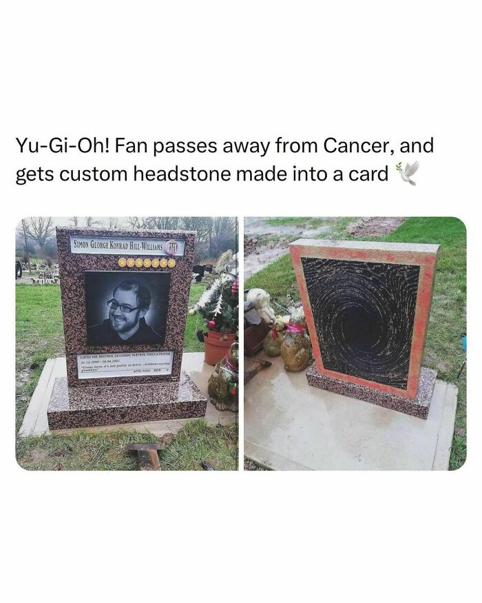 Custom headstone resembles a Yu-Gi-Oh! card, crafted in memory of a fan, showcasing humorous and random creativity.