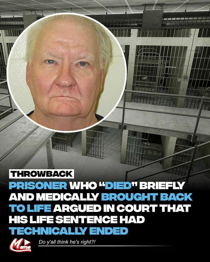 Prisoner's photo with text about a humorous legal argument, set against a jail backdrop; focuses on funny memes.