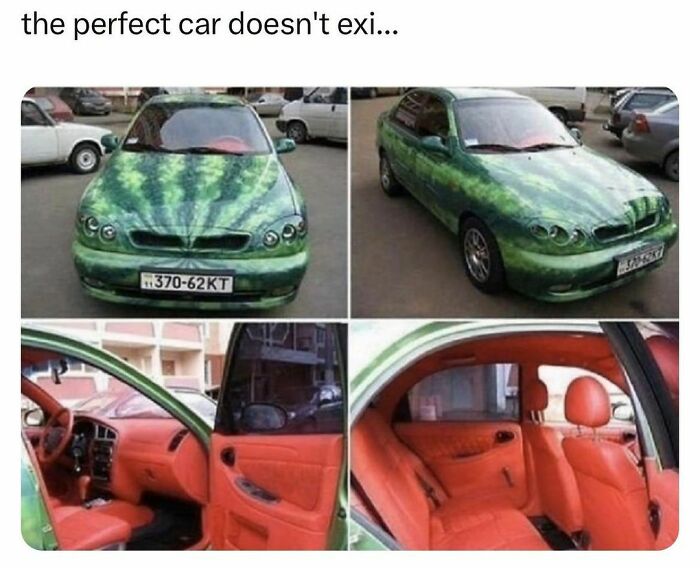 Car painted like a watermelon with matching red interior, featuring random hilarious memes theme.