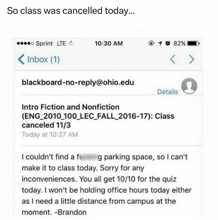 Email screenshot with a humorous note about class cancellation due to parking issues, part of random hilarious memes.