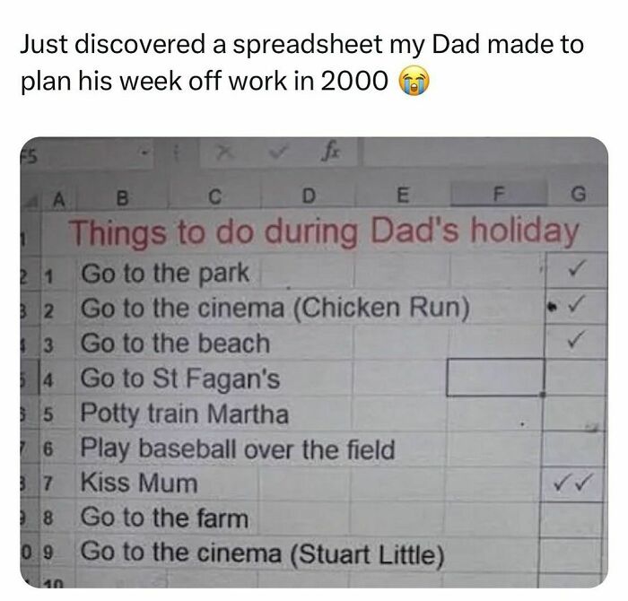 Spreadsheet with a humorous list of Dad's holiday activities, including tasks like going to the cinema and potty training Martha.