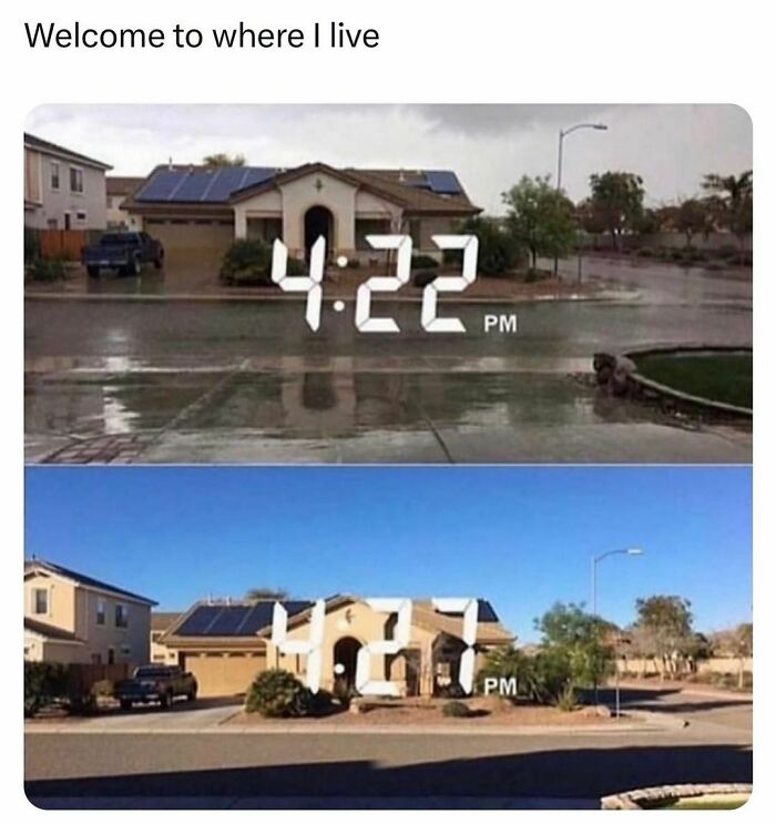 Two images show rapid weather change; a rainy scene at 4:22 PM and a sunny scene at 4:27 PM. Random hilarious memes.