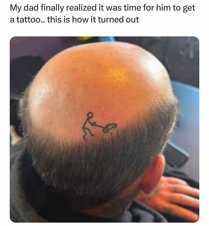 Bald man with a small tattoo of a stick figure pushing a lawnmower on his head, showcasing random yet hilarious memes.