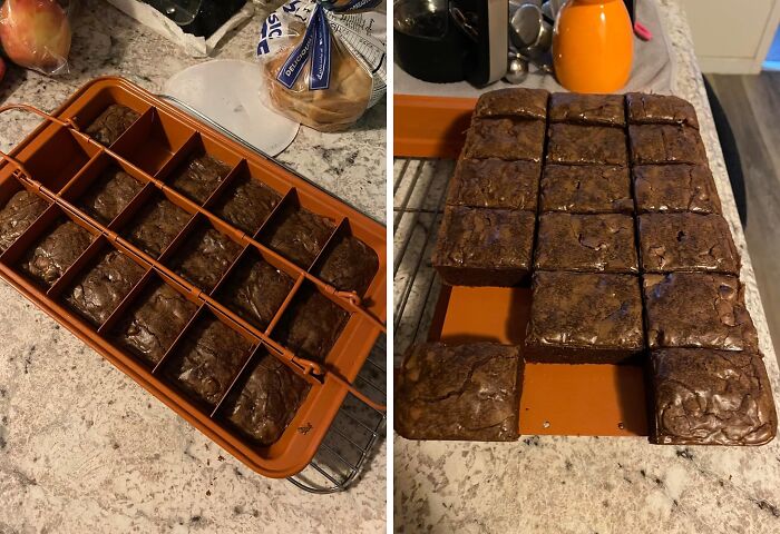 With a brownie pan with dividers, you don't have to wait for it to cool before you can cut your first piece.