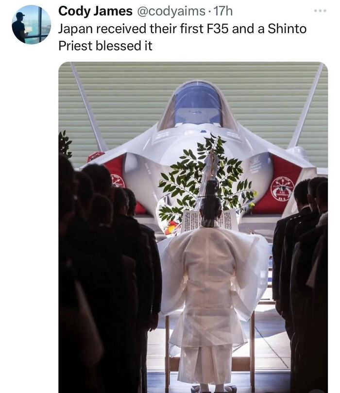 Shinto priest blesses Japan's first F35 with a crowd, resembling a "final boss" ceremony in real life.