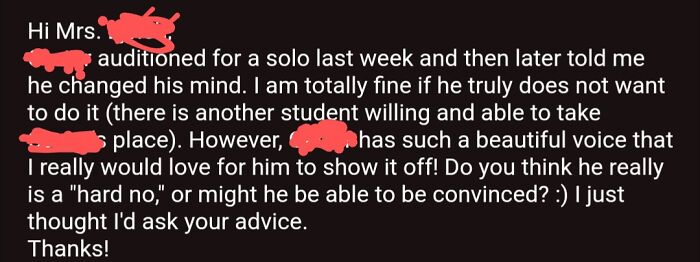 My Son's Music Teacher Reached Out Regarding His Solo