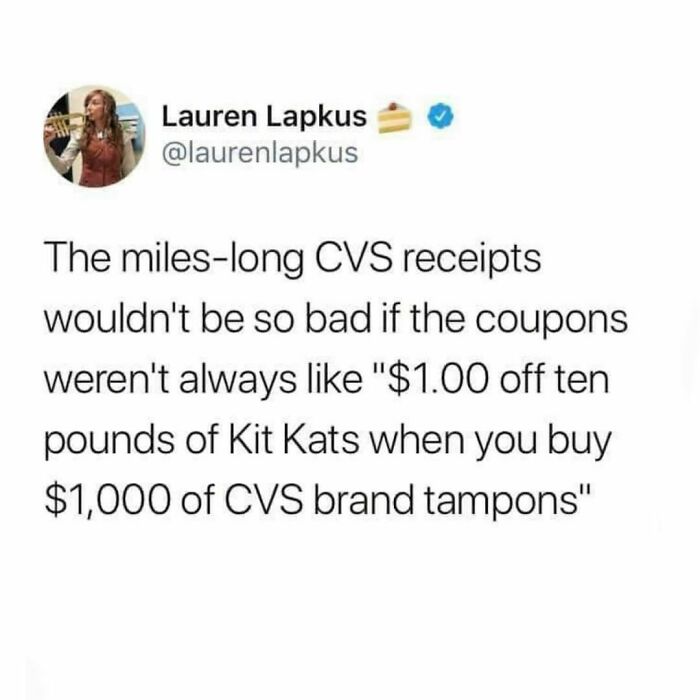 Tweet about humorous millennial life, mocking long CVS receipts with irrelevant coupon offers.