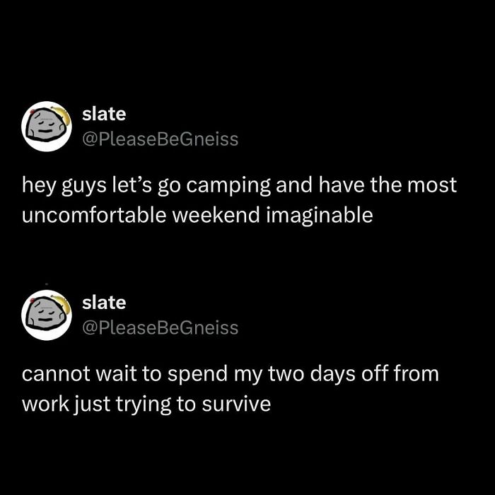 Millennial life meme about camping discomfort and struggling to relax on days off.