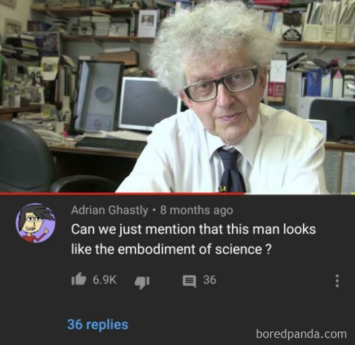 Man with white hair and glasses in an office; highlighted comment calls him &ldquo;the embodiment of science.&quot;