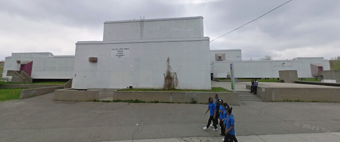 A Public School In Montreal, Canada. No Windows, Just A Big Block Of Concrete, Looking Like A Federal Prison