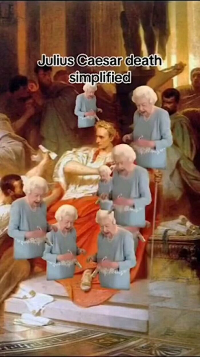 Great works of art transformed into a meme with Julius Caesar surrounded by multiple versions of an elderly woman.