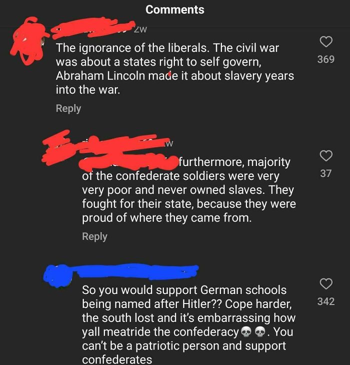 Screenshot of a social media post with overly confident incorrect people discussing the Civil War.