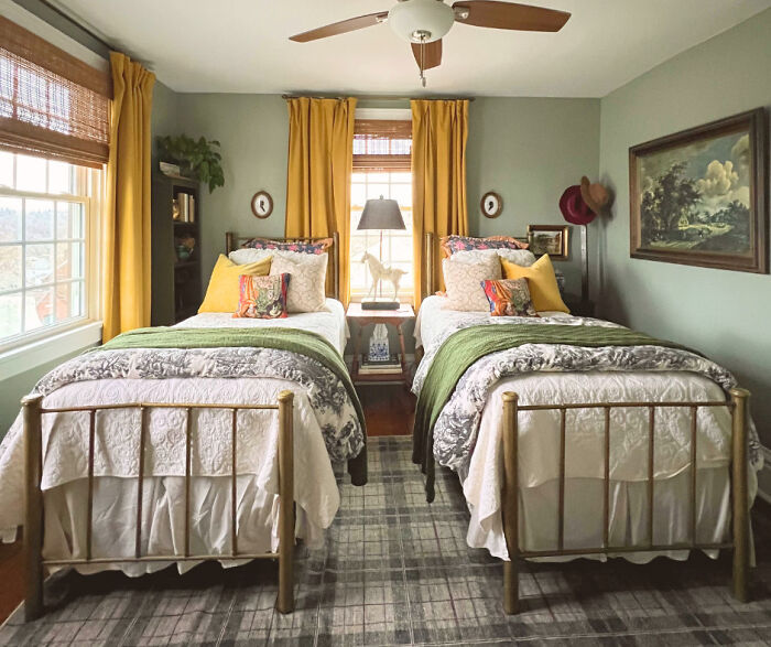 Marigold And Sage Green Go Together, Sure Why Not!? Meet My Maximalist Guest Room. Always Wanted A Two Twin Bed Setup!