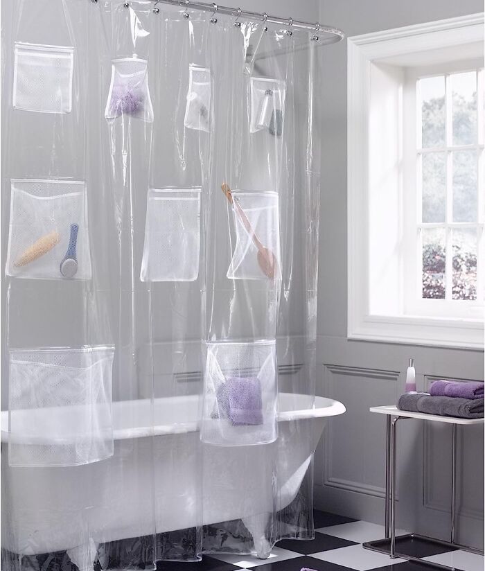  Ditch The Shower Caddy Chaos: Shower Curtain With 9 Mesh Storage Pockets For The Win