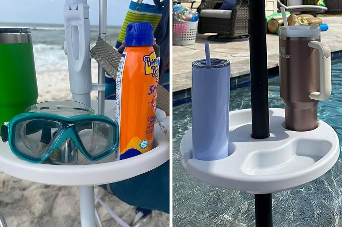 Get This Beach Umbrella Table Tray, Because Sand In Your Snacks Is Not A Vibe