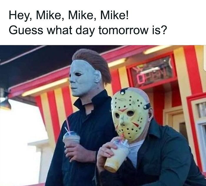 Two masked individuals holding drinks, resembling Jason Voorhees from the Friday 13th movie.
