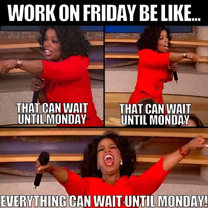 Oprah Winfrey, a funny woman, laughing in a Friday meme.