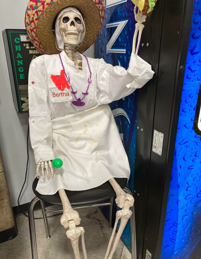 One Of Our Lunch Ladies Passed And Her Staff Set This Skeleton Up In Her Honor