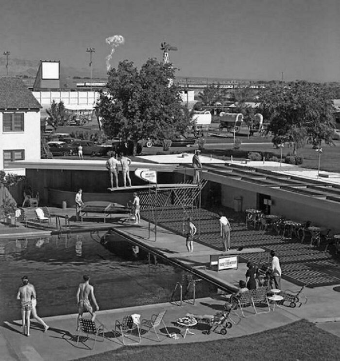 Morning Bathers In Las Vegas Watch A Mushroom Cloud From An Atomic Test 75 Miles Away, 1953