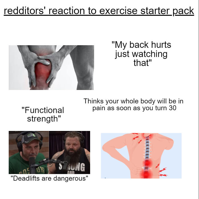 Exercise starter pack with memes and comments on back pain and deadlifts, reflecting humorous Reddit reactions.