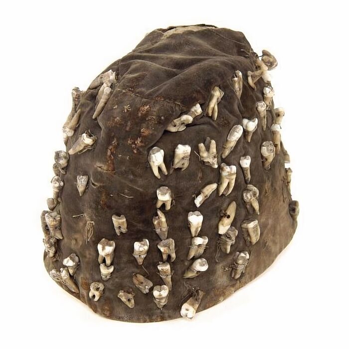 Brown Velvet Hat That Belonged To A Street Dentist In London In The 1820s-50s. It Is Covered With 88 Decayed Teeth Of His Former Patients