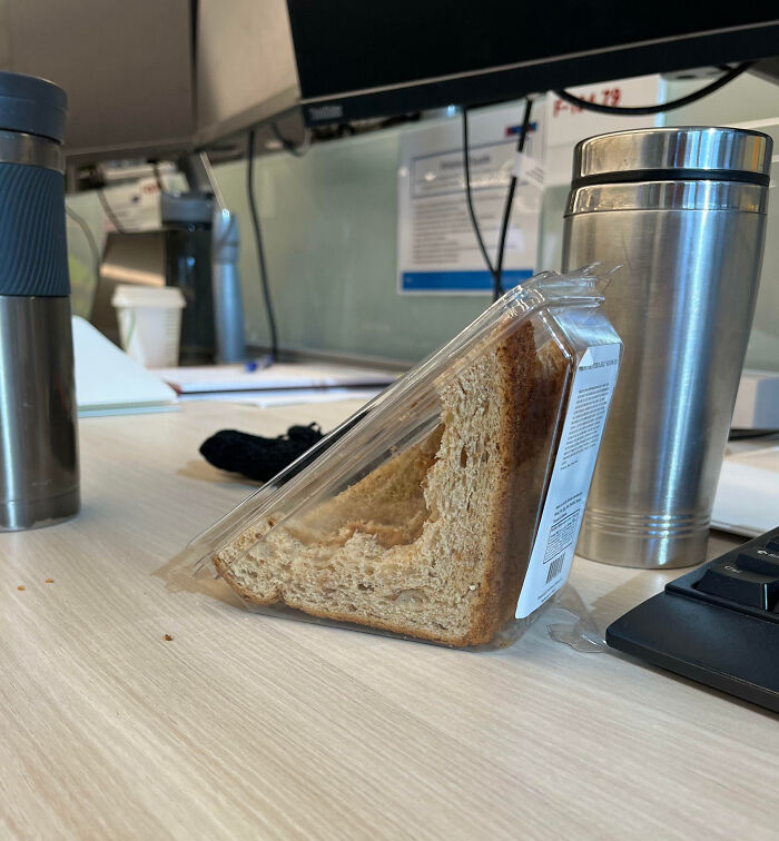 Every Week, My Coworker Only Eats This Much Of Her Peanut Butter And Jelly Sandwich Before Throwing It In The Garbage