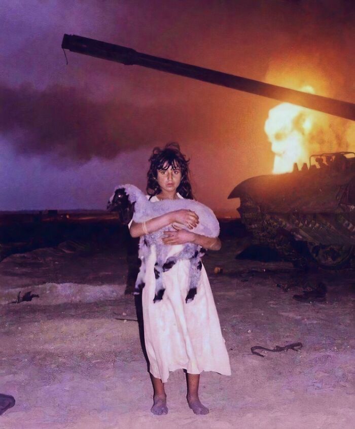 A Photo Of A Young Bedouin Kuwaiti Girl Holding Her Lamb, During The Gulf War, (1991)