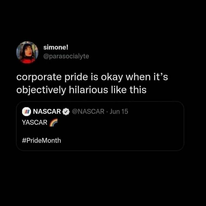 Millennial meme about NASCAR's Pride Month tweet, humorously labeled "YASCAR" with a rainbow emoji.