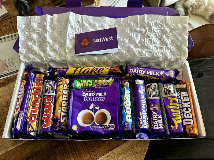 A selection of British Cadbury chocolates in a box, with a NatWest card on top.