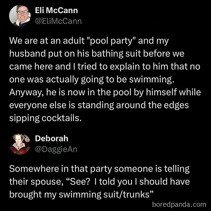 Millennial life meme about husband in pool alone at an adult pool party while others sip cocktails.