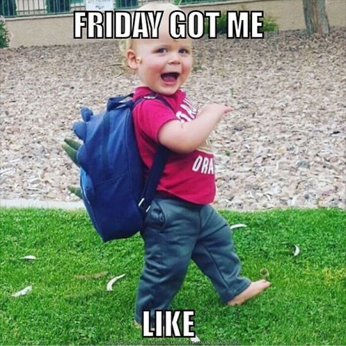 A happy baby wearing a backpack, smiling. It's a Friday meme.