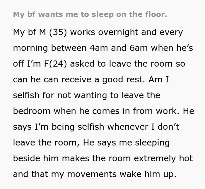 Guy Wants Girlfriend To Sleep On The Floor Instead Of In Bed With Him, She Asks For Advice