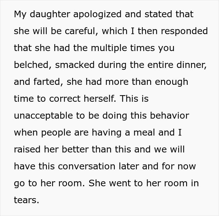 “Am I IA (Jerk) for sending my daughter to her room because she farted at our family dinner?