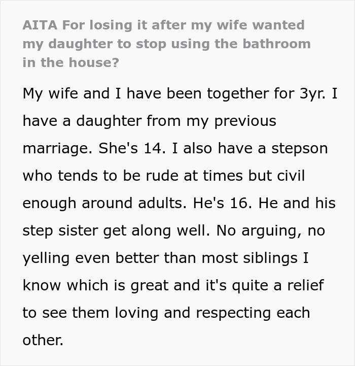 "AITA For Losing It After My Wife Wanted My Daughter To Stop Using The Bathroom In The House?"