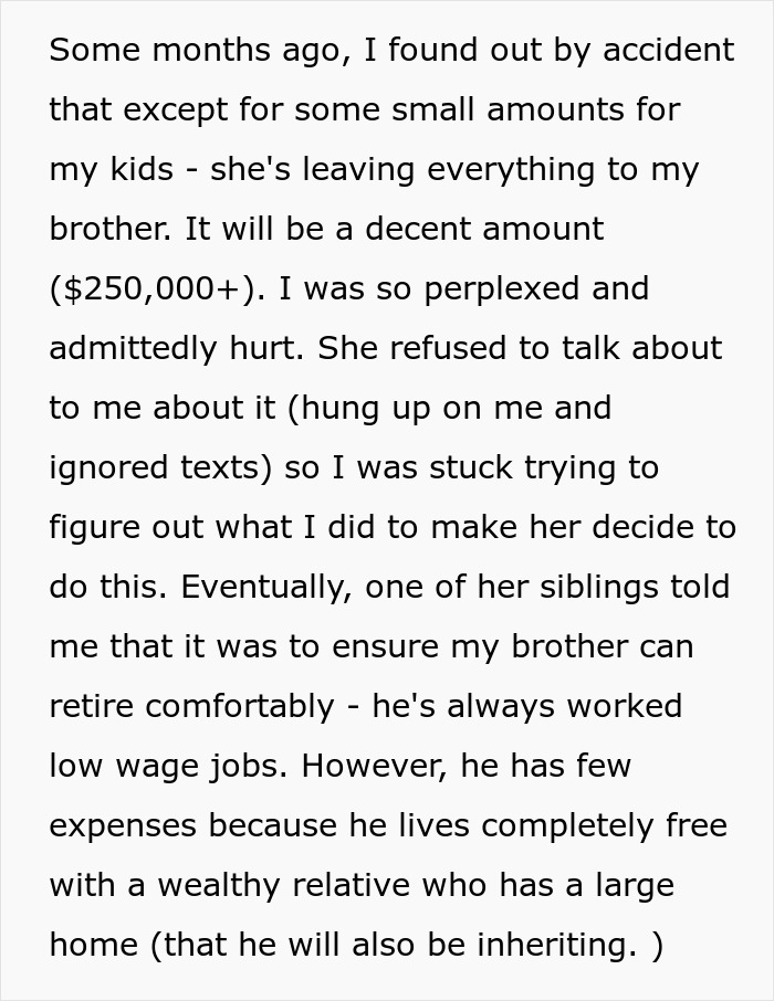 Mom Leaves $250k Inheritance To Son, Throws A Fit When Daughter Stops Looking After Her