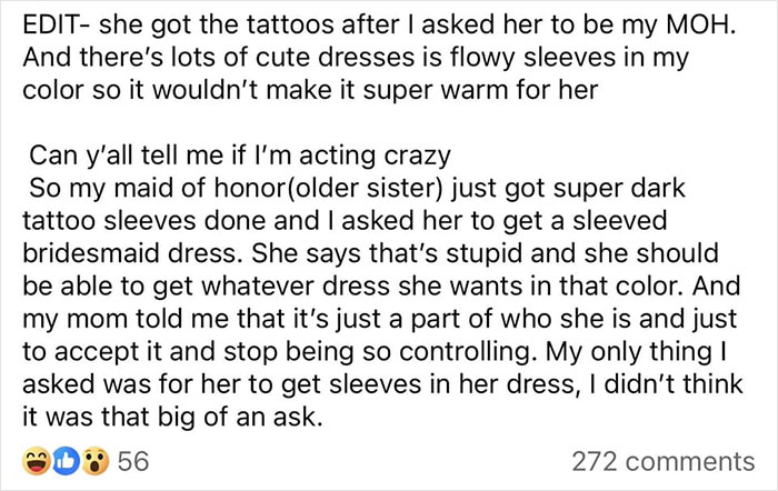 "Am I Crazy?": Bride Asks MOH With "Super Dark Tattoo Sleeves" To Cover Up, Gets A Reality Check