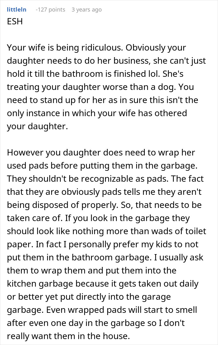 "AITA For Losing It After My Wife Wanted My Daughter To Stop Using The Bathroom In The House?"