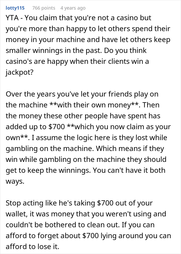 “AITA For Telling A Friend’s Friend He Couldn’t Keep The ‘Jackpot’ He Hit On My Slot Machine?”
