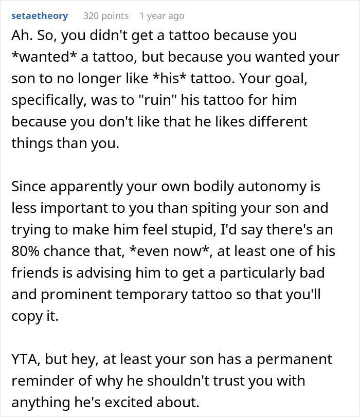 Parent Copies 19 Y.O. Son’s Tattoo To Prove A Point, Gets Called A Jerk