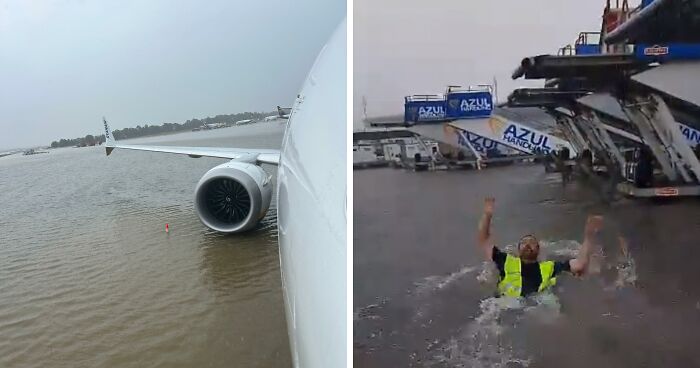 After Airport Floods, Hilarity Ensues As Workers Clean Up Water With Brooms, Swim On The Tarmac