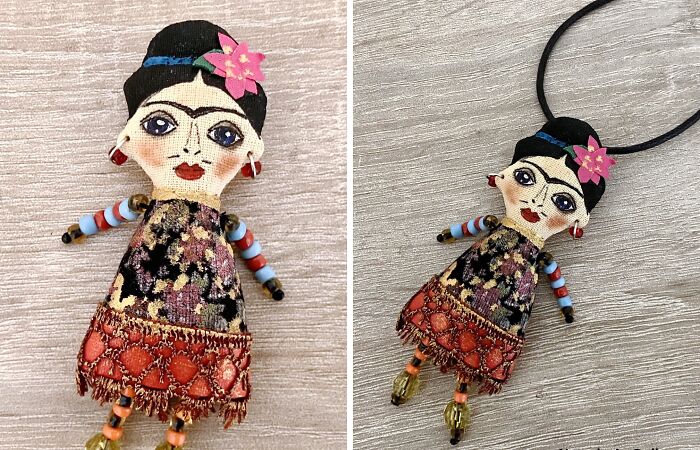 My Handmade Brooch, Pendant, Necklace Frida Art Doll